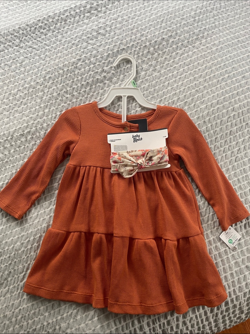 Girls' Rust Long-Sleeve Tiered Knit Dress with Floral Headband